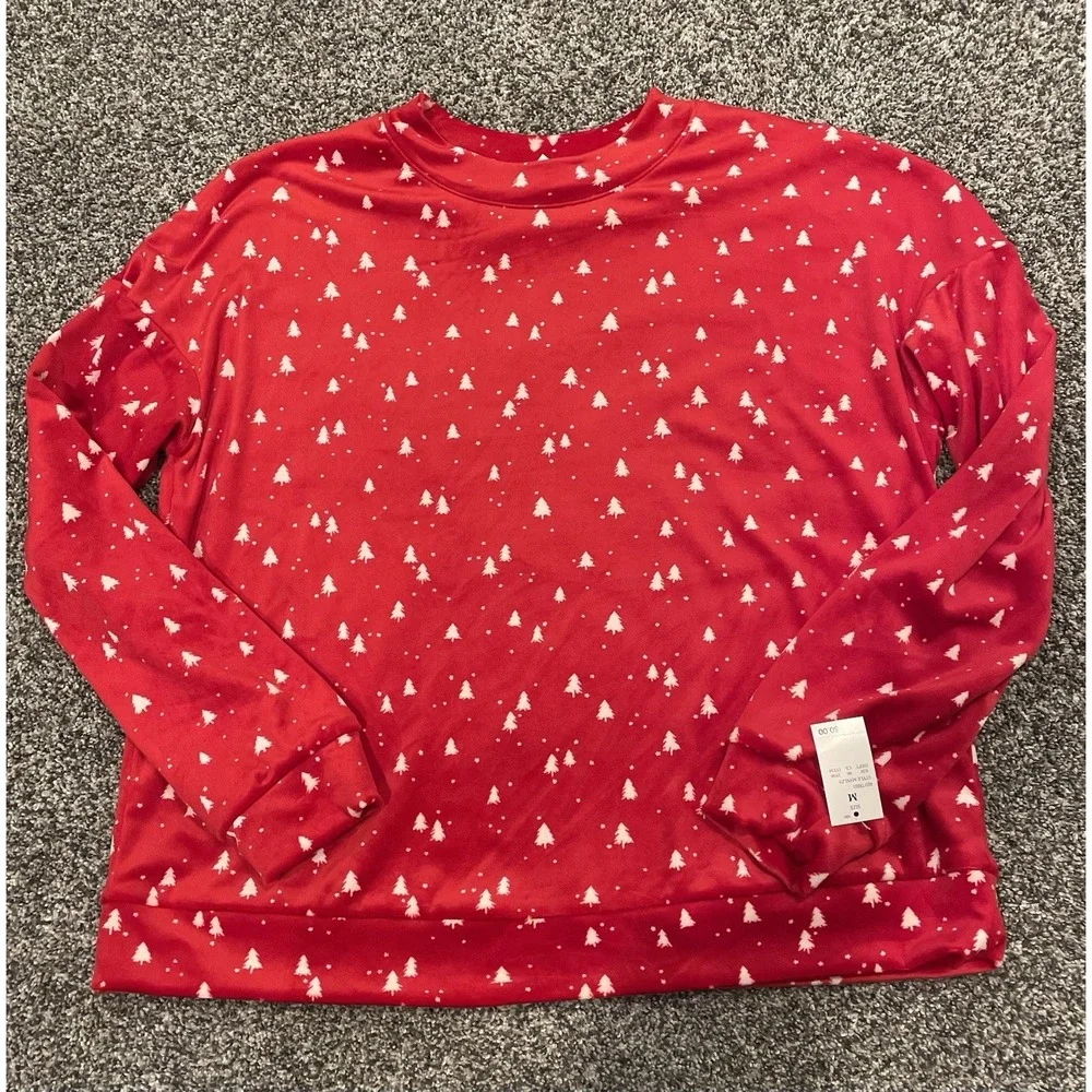 Auden Velvet Red Pajama Top Sleepwear Womens Size M Mini Christmas Trees Soft